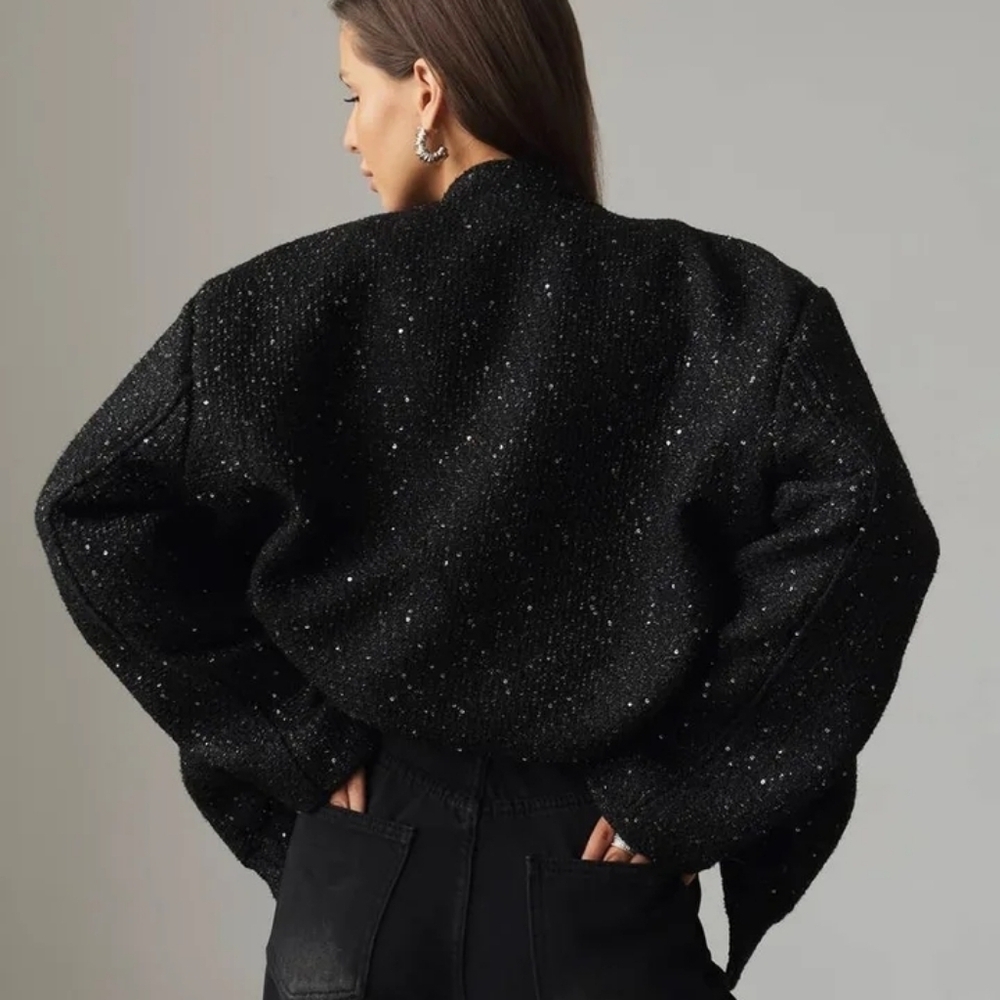 Tweed Sequin Jacket Women Fashion Coat Trend Casual Warm Chic Elegant FemaleCoat - Picture 2 of 3